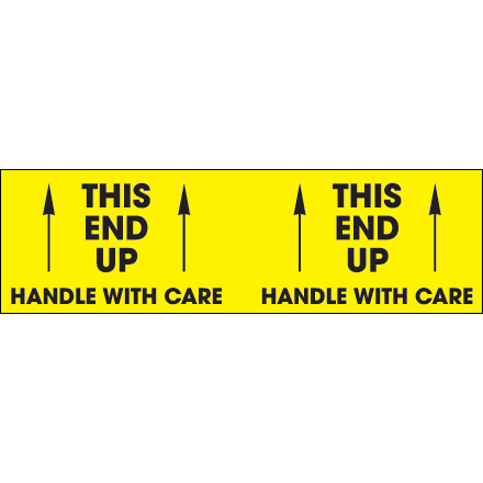 3 x 10" - "This End Up - Handle With Care" (Fluorescent Yellow) Labels